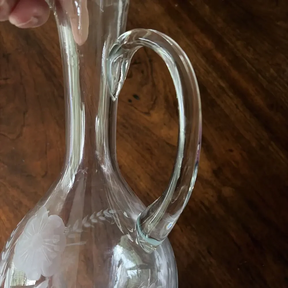 Vintage Art Glass Wine Floral Etched Decanter